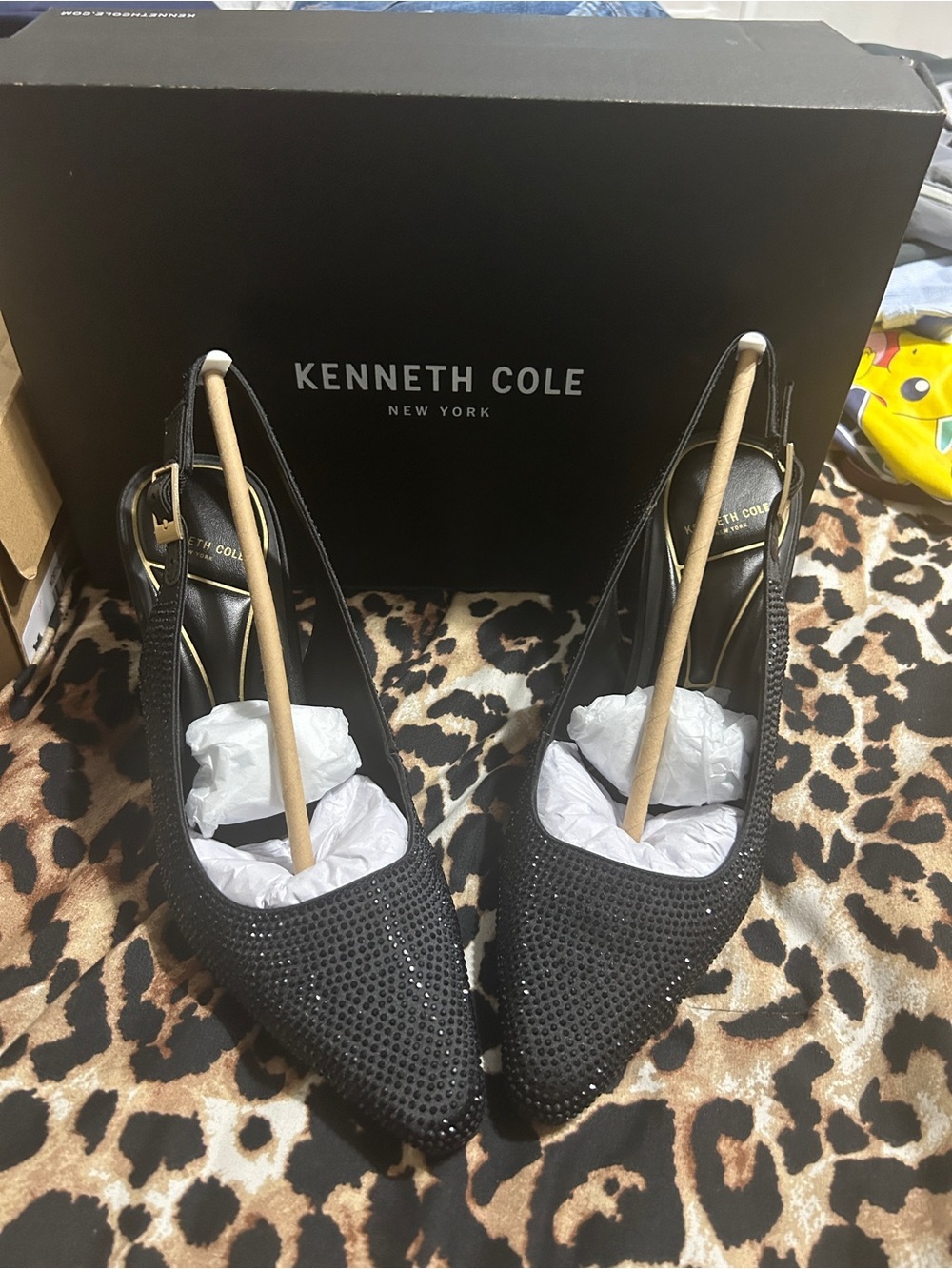 Black Embellished Slingback Pointed-Toe Heels